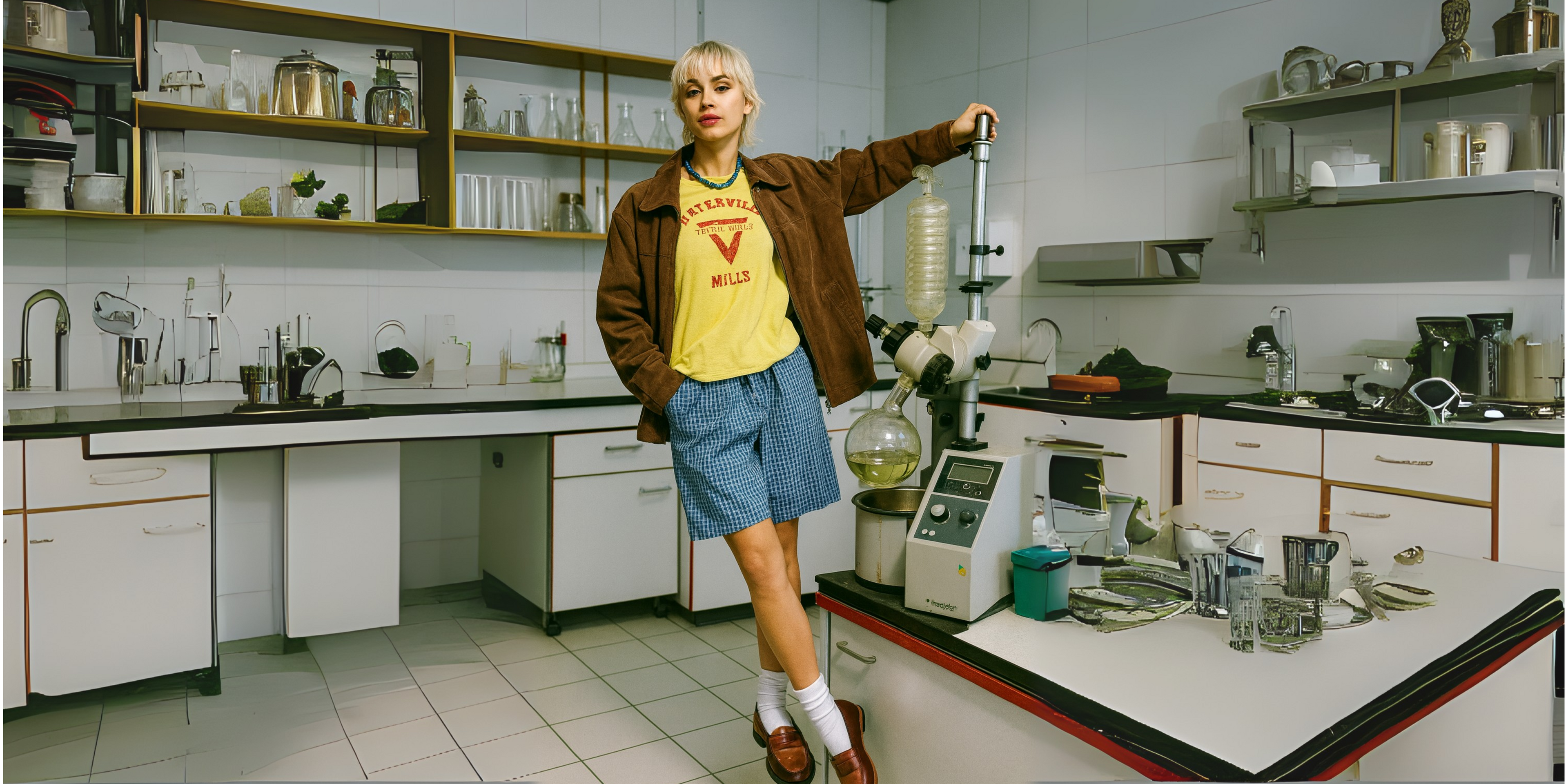 Fashion model standing in a laboratory with shelves and equipment in the background